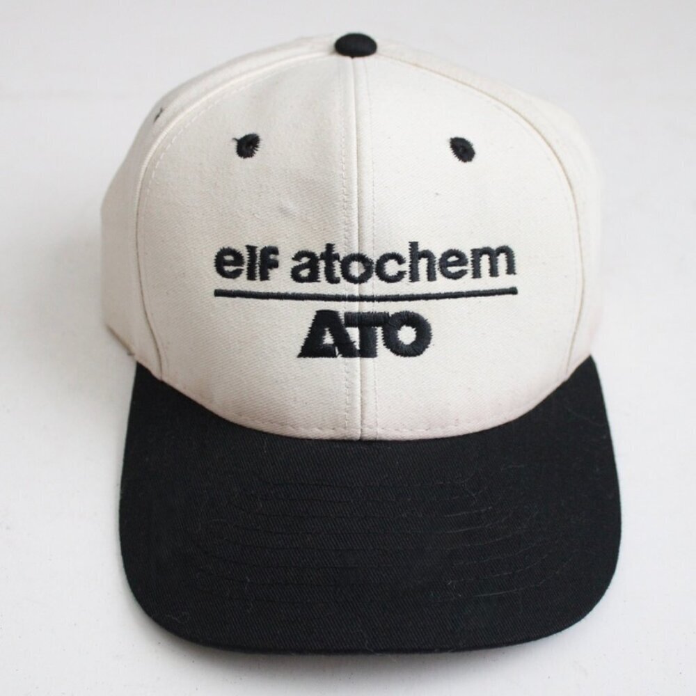 Elf Atochem ATO Embroidered Mohr's Snapback Baseball Cap Cream Crown Black Brim